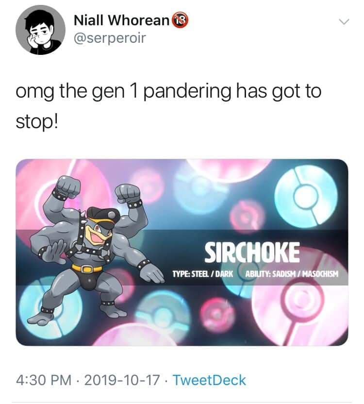 This meme is a screenshot of a tweet from a user named Niall Whorean (a play on the name of singer Niall Horan). The tweet reads: "omg the gen 1 pokedex has got to stop!" and is accompanied by an image of the Pokémon "Pikachu" with a caption "I can see your Pikachu".